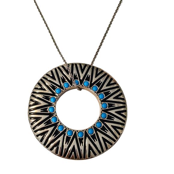 House of Harlow Circle Tribal Pendant Necklace with Turquoise Cabochons - Picture 1 of 5
